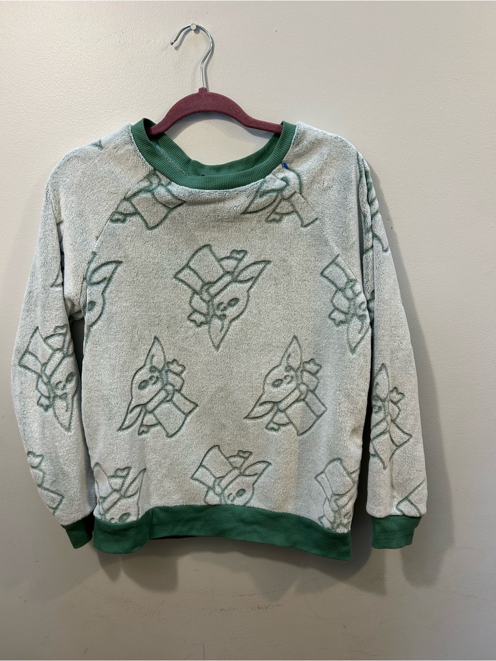Green Trim Plush Crewneck Sweater - Baby Yoda Motif Star Wars Small